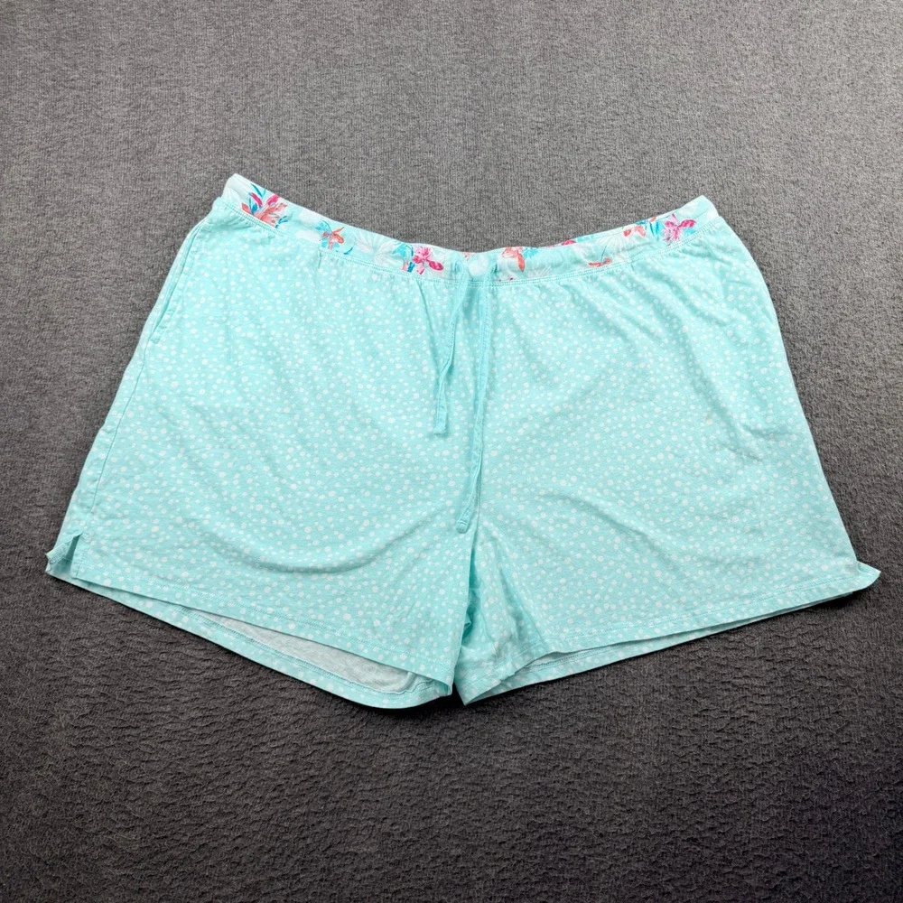 Carole Hochman Pajama Shorts Women's XXL Aqua Blue Polka Dot Floral Trim Cotton